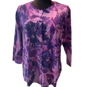 Isaac Mizrahi Watercolor Purple Floral Printed Cardigan L